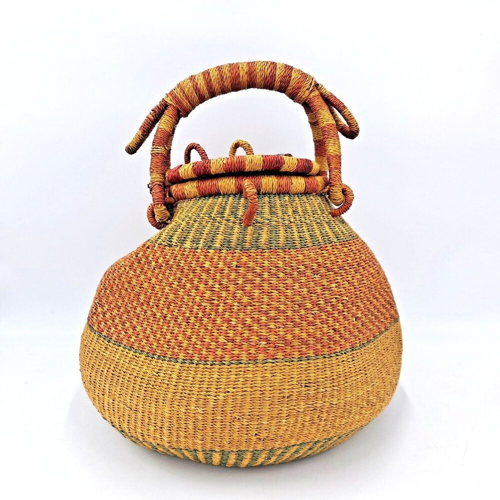 Authentic Bolga Pot Basket with Lid | Handwoven Ghanaian Elephant Grass